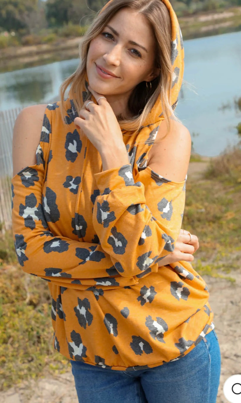 Leopard print cold shoulder hoodie
