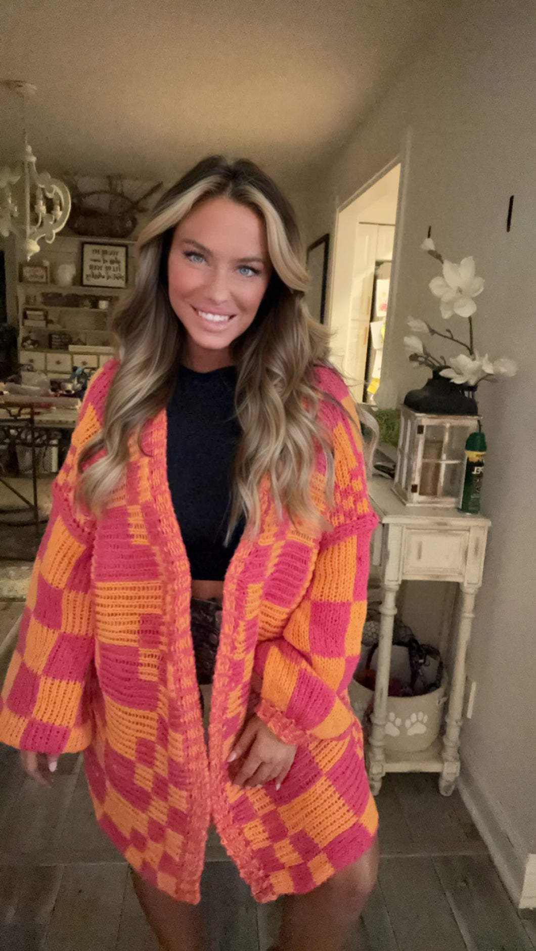 Fuschia/Golden Checkered Open Cardigan