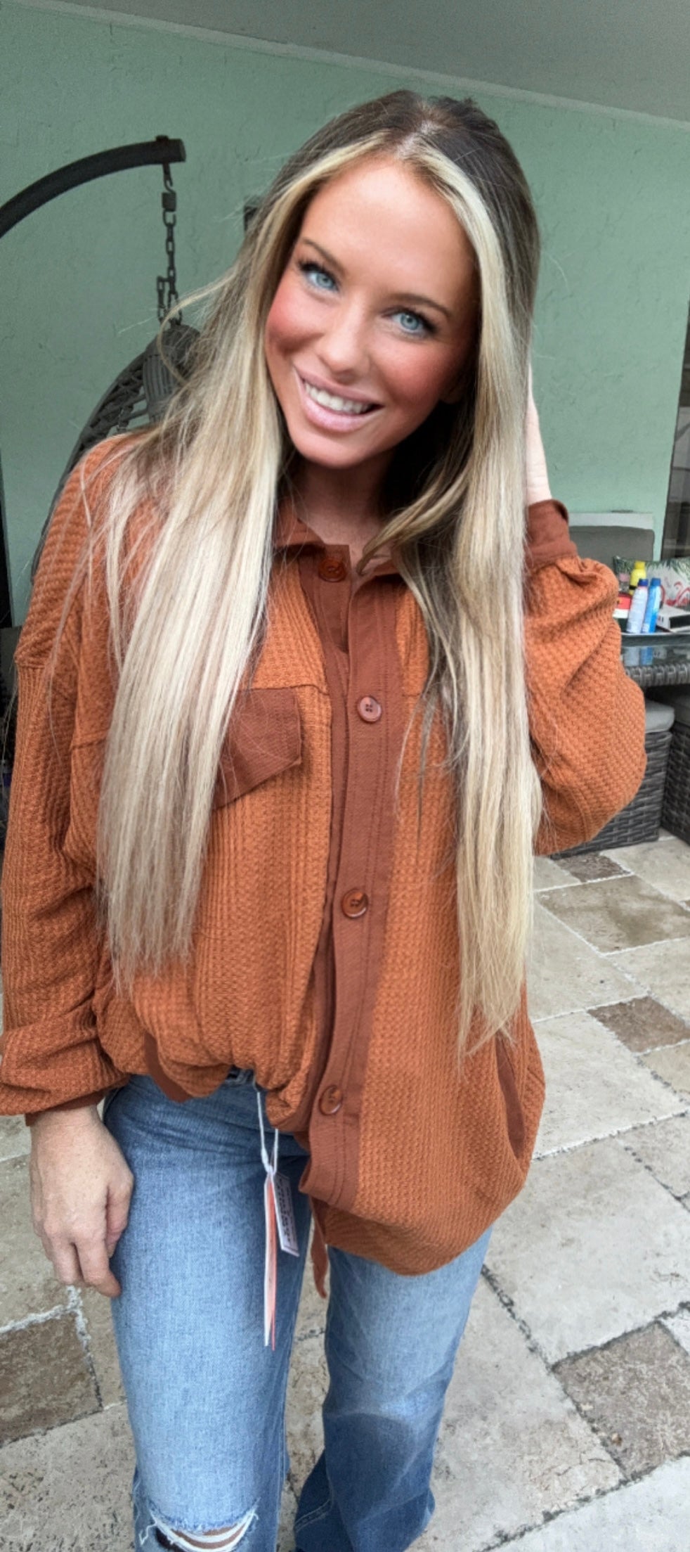 Camel waffle knit oversized shacket