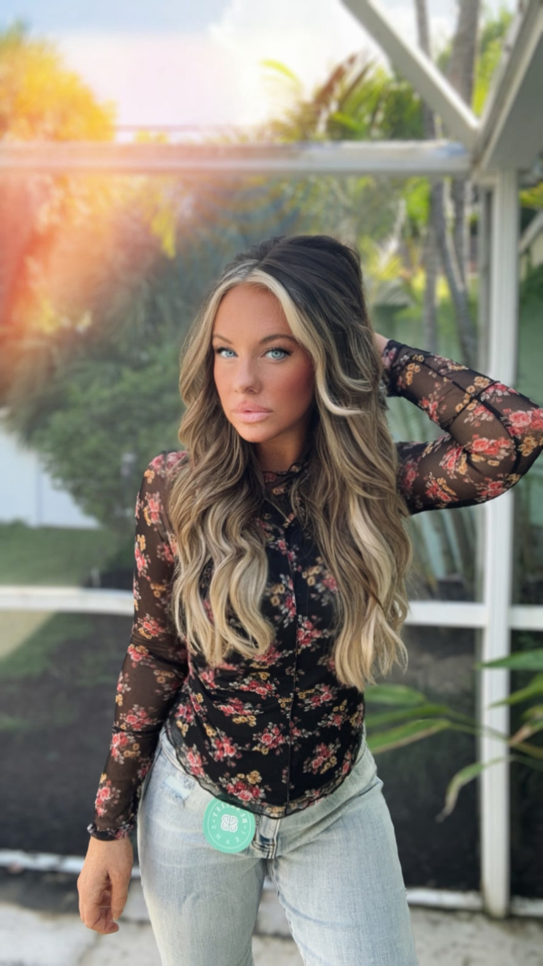 Black & red floral mesh top