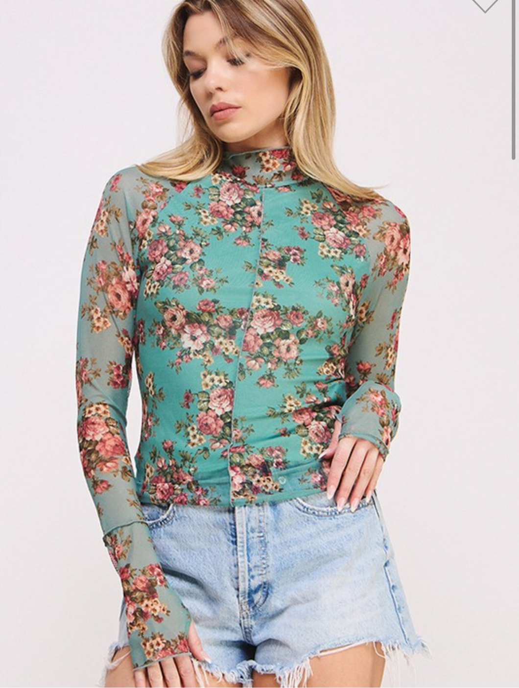Sage Floral Mesh Top