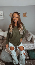 Load image into Gallery viewer, Dolman off the shoulder olive two tone sweater
