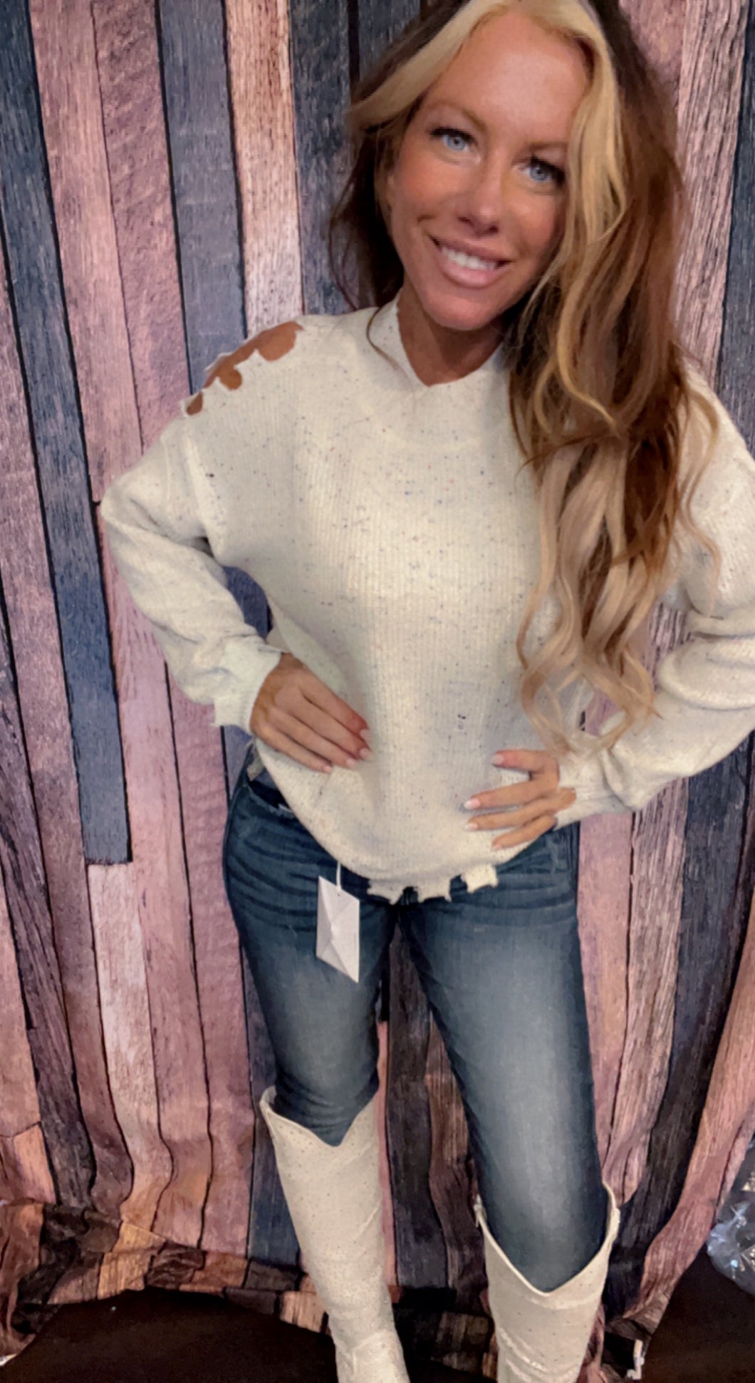 Cold shoulder confetti sweater